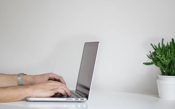 Heller Arbeitsplatz mit Laptop und Pflanze
